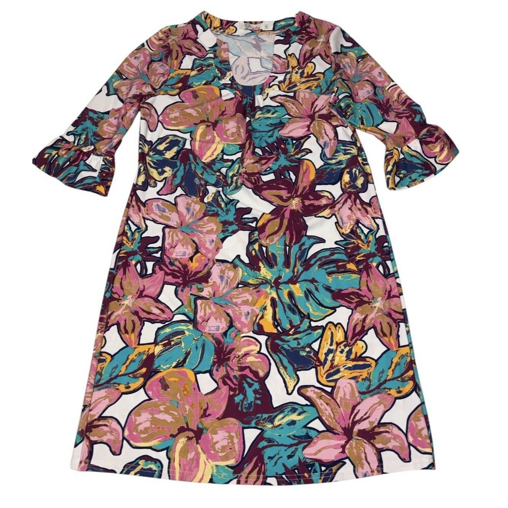 Anthropologie Aryeh Shift Dress Womens Small Floral 3/4 Sleeve Beach Hawaiian